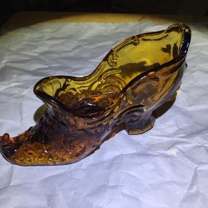 VTG Mosser Victorian Rose Art Glass Shoe Honey Amber Princess Slipper /97